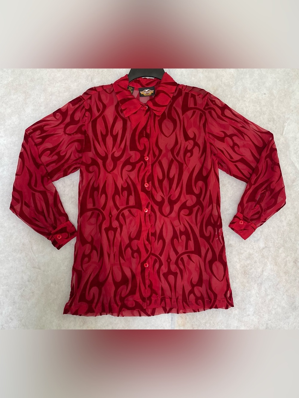 Harley Davidson Red blouse sheer Burnout Velvet Flame Pattern (SKU622)